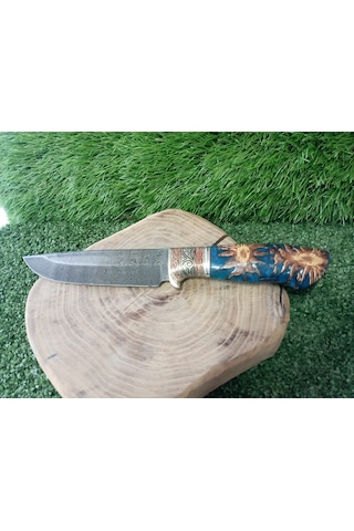 Tctknives Damascus Serisi El Yapımı Şam Çeliği Av Kamp Bıçak Gümüş - Mavi
