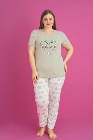 X-dreamy Büyük Beden Pamuklu Kalp Desenli Kısa Kollu Pijama Takımı Yeşil