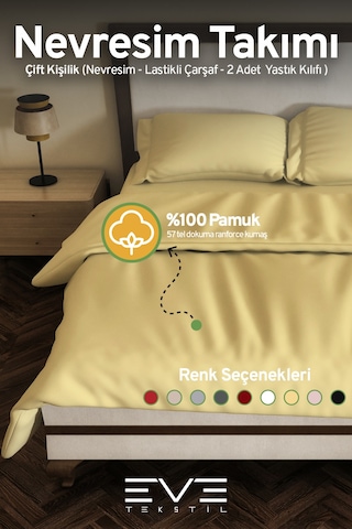 Eve Tekstil %100 Pamuk Ranforce Çarşaflı Yastık Ve Yorgan Kılıflı Çift Kişilik Nevresim Takımı 200x220 Cm Sarı