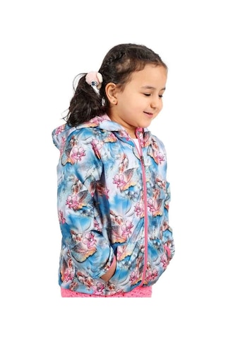 Bebegen Kız Çocuk Mavi Pembe Çiçek Desenli İçi Polar Yağmurluk Çok Renkli