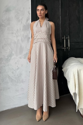 Madmext Bej Ekoseli Midi Boy Kadın Elbise Mg2350 Bej