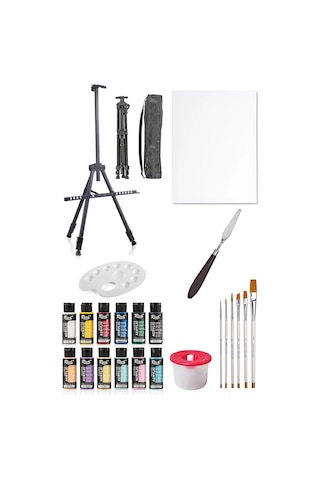 Rich Mastermix Akrilik Boya Seti 6 Ana Renk 6 Pastel Renk 35x50 Tuval Metal Şövale Seti Metal Spatül Çok Renkli
