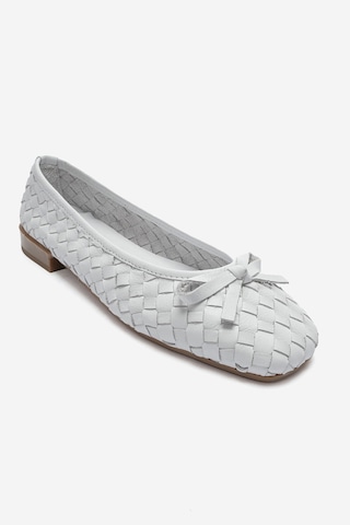 Luvi Shoes Garen Beyaz Örgü Hakiki Deri Fiyonklu Kadın Babet Ayakkabı