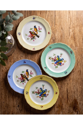 Altın Dekorlu Yeşil Kuşlu Mavi Porselen Pasta Tabağı 19 Cm