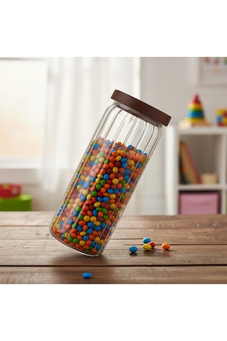 Akasya Kapaklı Uzun Çizgili Cam Kavanoz 1250 Ml Hava Geçirmez, Modern Fitilli Tasarım Gıda Açık Şeffaf