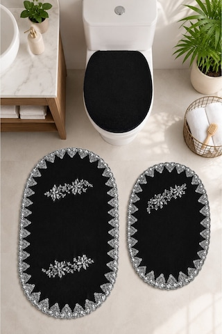 3lü Set Siyah Fransız Dantelli Lüks Banyo Paspası Kaymaz Tabanlı Çeyizlik Hediyelik Banyo Paspas Set