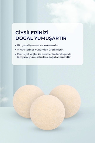 Valerine Life Doğal Merinos Yün Kurutma Topu 3 Adet Kırışıklık Önler Kurutma Süresini Kısaltır Krem