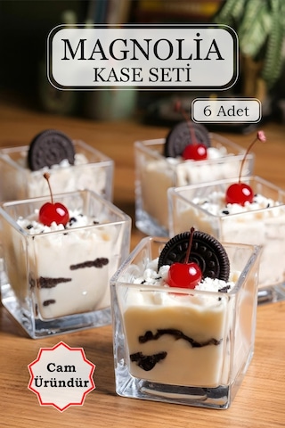 6'lı Kare Cam Magnolya Kasesi Seti Puding Cup Dondurma Servis Sunum Magnolia Kase Takımı Şeffaf