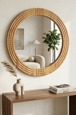 Safir Ahşap Dekoratif Ayna Yuvarlak Ayna Işlemeli Ahşap Duvar Aynası - 43 Cm Ceviz