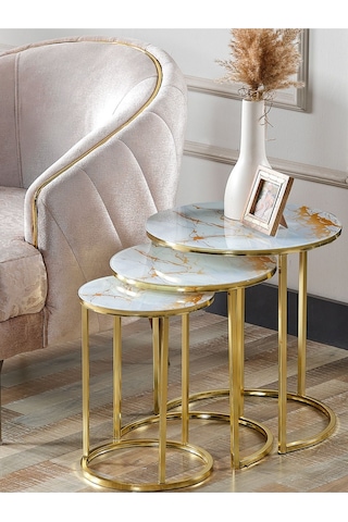 3' Lü Beyaz Sarı Mermer Gold Metal Sehpa
