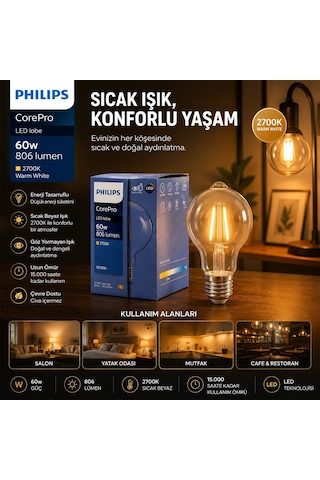 Philips Corepro Led Filament Rustik Ampul 7w E27 - A60, 2700k, 806 Lümen, Cam Gövde, Kod 380035 00- 10'li Paket Diğer