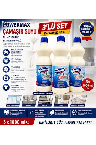 Powermax El Matik Çamaşır Suyu 1000 Ml X3 Set Çok Amaçlı Çamaşır Suyu 3'lü Set