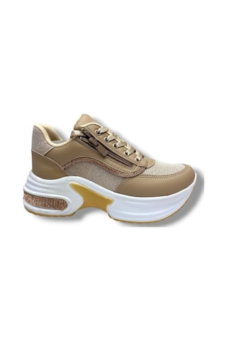 Modalendo 1511-26 Cilt Deri Simli Şeritli Anatomik Bağcıklı Kadın Sneaker Bej Beyaz