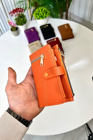 Turuncu Fermuar Detaylı Deri Kadın Cüzdan Yılbaşı Hediyesi 14x9cm Turuncu