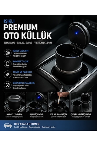 Işıklı Premium Oto Küllük Led Aydınlatmalı Araç İçi Küllük Koku Ve Kül Önleyici Kapaklı Tasarım