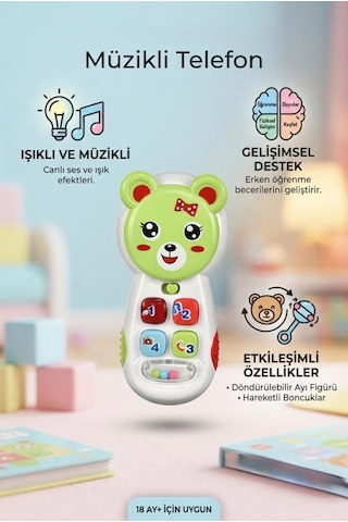 Eğitici Aynalı Müzikli Telefon - Işıklı Sevimli Ayıcık Figürlü Bebek Gelişim Oyuncağı Yeşil