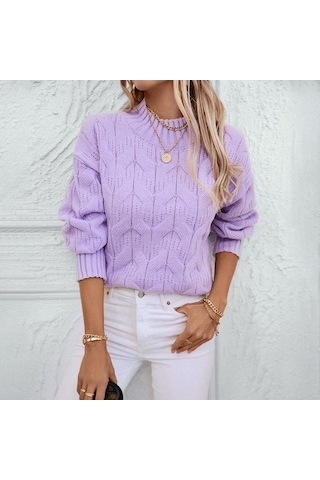 Tongxida Kadın Büyük Beden Yarım Yüksek Yaka Bükülmüş Örgü Kazak - Sonbahar/kış - Bol Bükülmüş Çiçekli Kazak - Mor Mor