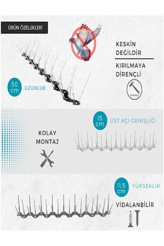 20 Adet Tekinoğlu Plastik Siyah Kuşkonmaz Diken 10 Metre Kuş Bariyeri, Tüylenme Önleyici Kuşsavar