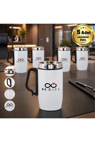 Logonuza Özel 5 Adet 5304 Çelik Kupa 240 Ml Kilitli Kapaklı Kurumsal Termos Mug Beyaz