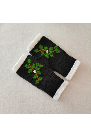 Newdaycraft El Örgüsü Motifli Parmaksız Eldiven / Bileklik - Holly Siyah Siyahımsı Yeşil