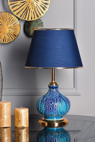 Patara Masa Lambası Abajur Mavi Çinili Gold Mavi