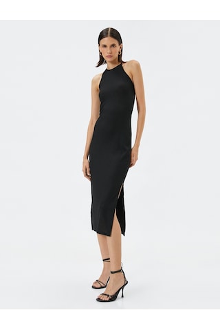 Koton Triko Elbise Midi Halter Yaka Yırtmaçlı Siyah 4sak80019ek 4SAK80019EK999