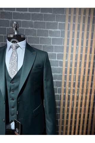Dupont Classics Dupont Erkek Slim Fit 6 Drop Filafil Viskon Sivri Yaka Çift Yırtmaç Yelekli Takım Elbise Yeşil