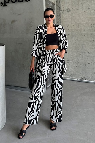 Modagen Kadın Zebra Kimono Pantolon Oversize Gömlek Takım Zebra