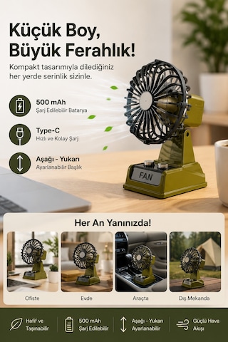 Exenar - Mavi - Şarjlı Masaüstü Mini Vantilatör Retro Tasarım 2 Kademeli Mini Fan 500 Mah Taşınabilir Fan