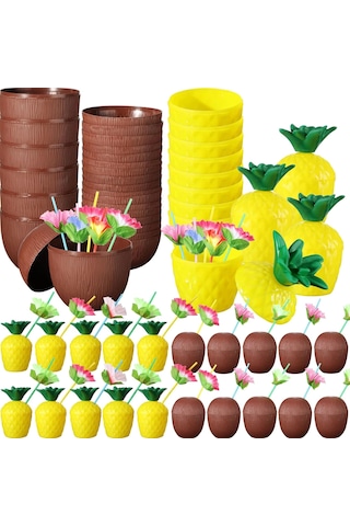 Tropikal Parti Bardak Seti Ananas Ve Hindistan Cevizi Şekilli Pipetli Bardaklar 20 Adet Çok Renkli