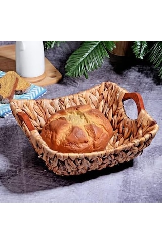 Wicker Serisi Bezli Kare Ahşap Kulplu Hasır Ekmek Sepeti Çok Renkli