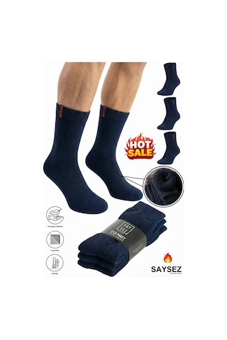 Saysez 3 Çift Termal Erkek Kışlık Soket Havlu Kalın Çorap Dikişsiz Lacivert Renk Premium Pamuk Lacivert