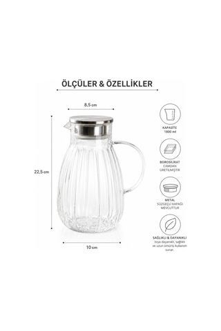 1800 Ml,büyük Boy Borosilikat Cam Sürahi,metal Süzgeç Kapaklı,su,limonata,detoks,çay Sürahisi-model2
