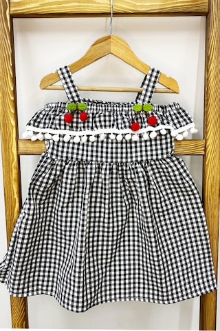 Kız Çocuk Askılı Elbise Dantelli Ekose Desenli B14 Siyah