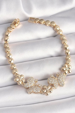 Pirinç Gold Renk Zirkon Taşlı Kelebek Figür Çiçek Zincir Model Kadın Bileklik Çok Renkli Pirinç Gold Renk Zirkon Taşlı Kelebek Figür Çiçek Zincir Model Kadın Bileklik Çok Renkli