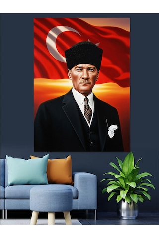 Atatürk Portresi Bayrak Kırmızı Dekoratif Kanvas - Mdf Ahşap Tablo