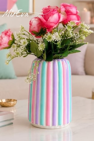 El Yapımı Beton Vazo, Pastel Çizgili, Maksimalist Modern Bohem Stil, 17 Cm Yükseklik, 10 Cm Genişlik, Pembe Mavi Mo Çok Renkli