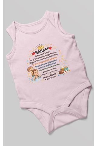 Morivokids Babam Doğum Günün Kutlu Olsun Sıfır Kollu Bebek Zıbını %100 Pamuk Bebe Pembe