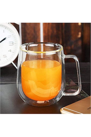 3b Trend 2 Adet Çift Cidarlı Cam Kupa Bardak Su Meşrubat Çay Saplı 250 Ml Şeffaf