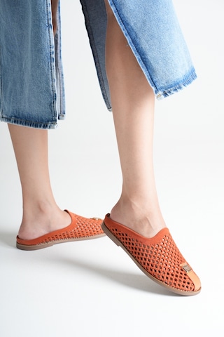 Analin Shoes Kadın Hakiki Deri Delikli Günlük Rahat Terlik Turuncu