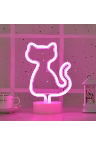 Neon Kedi Masa Gece Lambası Pembe Işık
