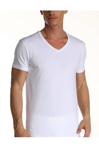 Çift Kaplan Erkek Elastanlı V Yaka T-shirt 0956 3'lü Beyaz