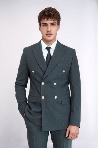 Gümüş Renk Metal Düğmeli Slim Fit Kruvaze Koyu Gri Erkek Takım Elbise Wessi Füme