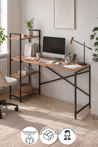 120x55 Cm Raflı Çalışma Masası Bilgisayar Masası Ofis Masası Ders Masası Cervantes Çam