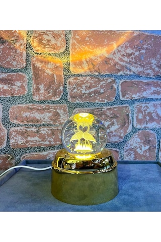 Mobgift 360 Derece Dönen Sarı Led Işıklı Gold Standlı Usb'li Kristal Filamingo Cam Küre Çok Renkli