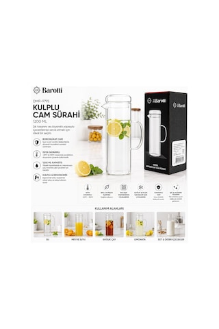 Barotti Dmr-9795 Cam Kapaklı Düz Borosilikat Cam Sürahi 1200 Ml- 12'li Paket