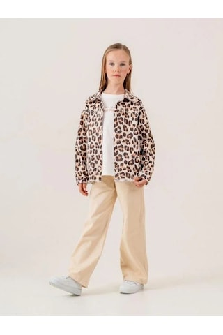 Kız Çocuk Leopar Desenli Kot Ceket İçi T-shirt Takım-15511 Kahverengi