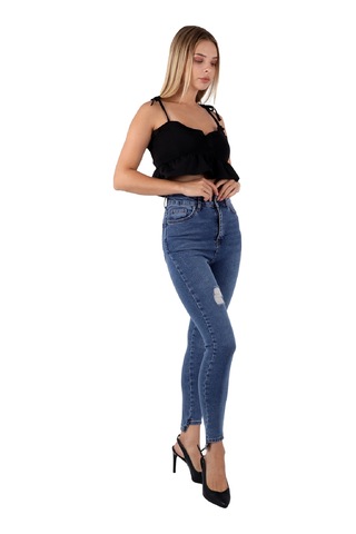 Alemdarshop Mavi Renk Dar Paça Eskitme Detaylı Yüksek Bel Jeans - Mavi