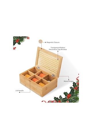 Orjinal Bambu Organizer, Çay Kutusu, Takı Kutusu, Mıknatıslı Kapak, Premium Kalite 6 Bölmeli