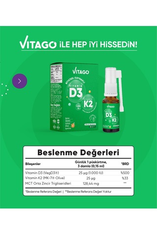 Vitago D3 Vitamini K2 İçeren Oral Sprey 20 ML